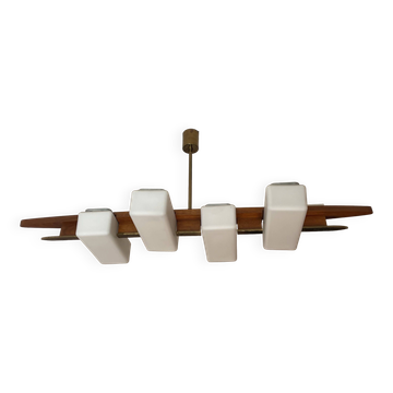 Lustre scandinave, laiton, bois précieux , 4 feux, navette 102 x 35 x 9 cm