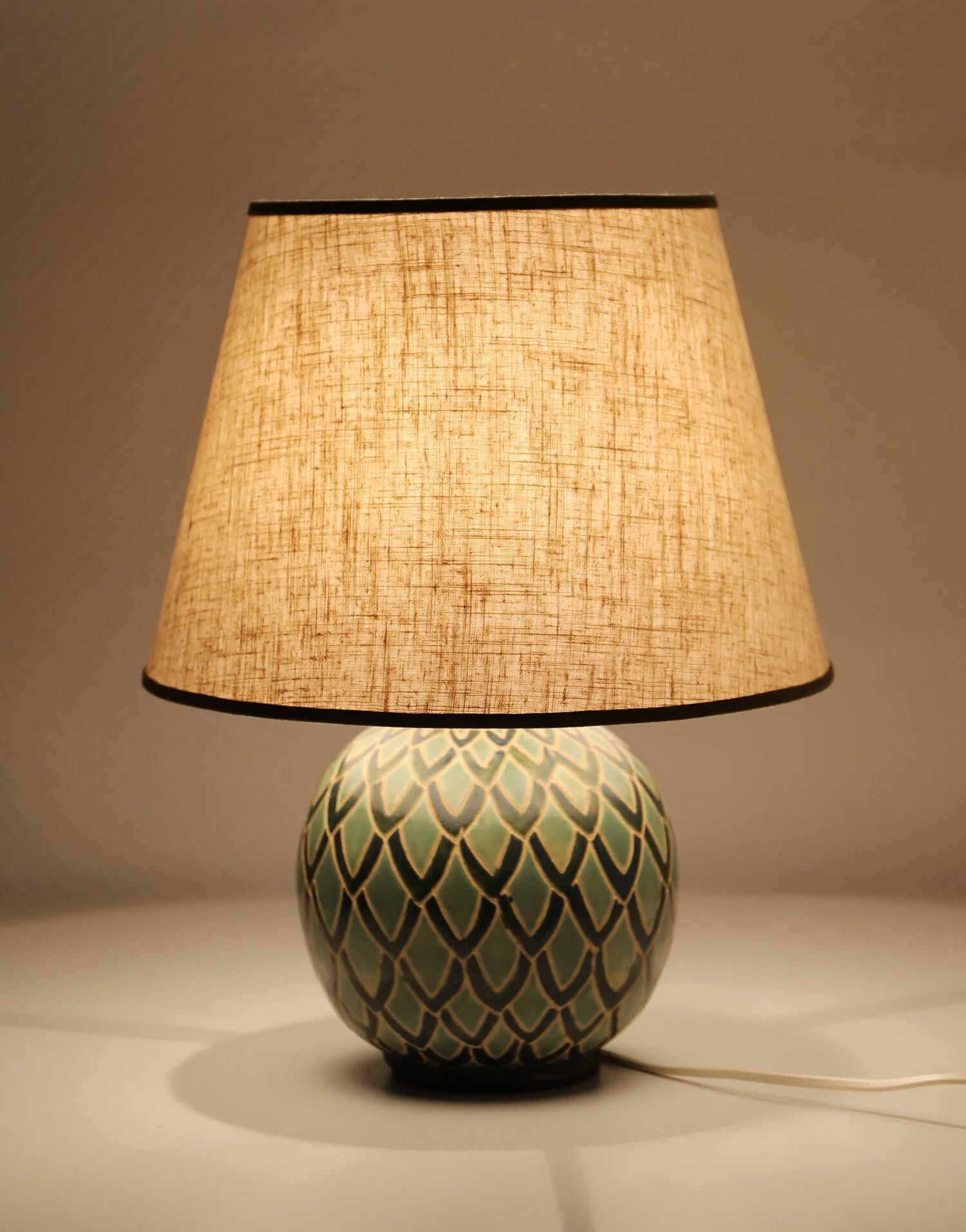 Recycled vintage lamp — ceramic art deco ball base and linen shade