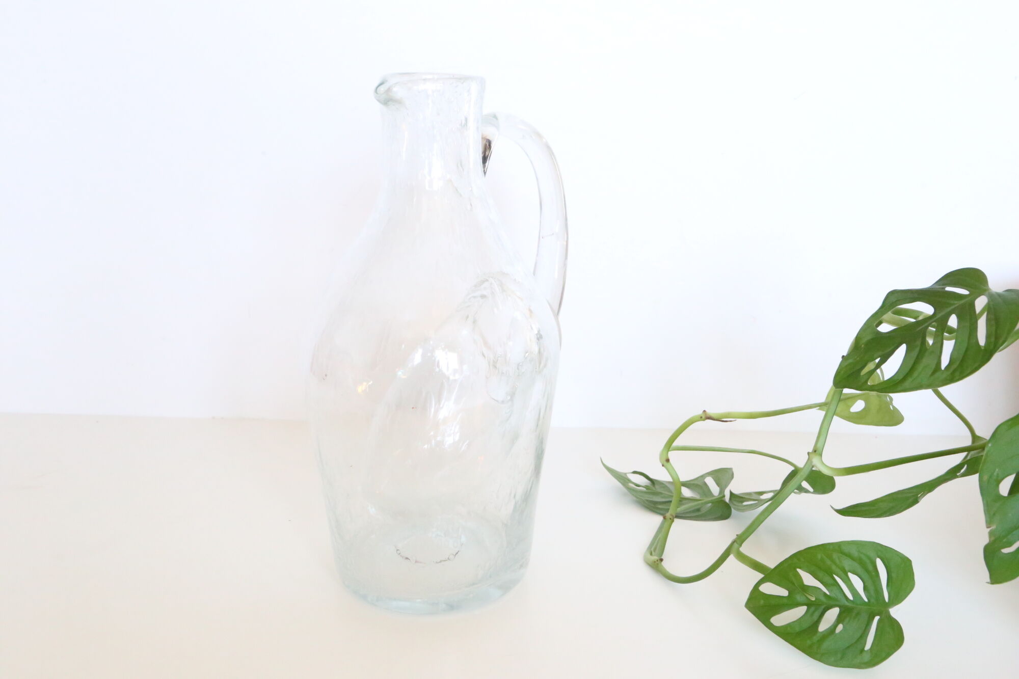 Bubbled glass pitcher with ice tank, handcrafted, French vintag manufacturing