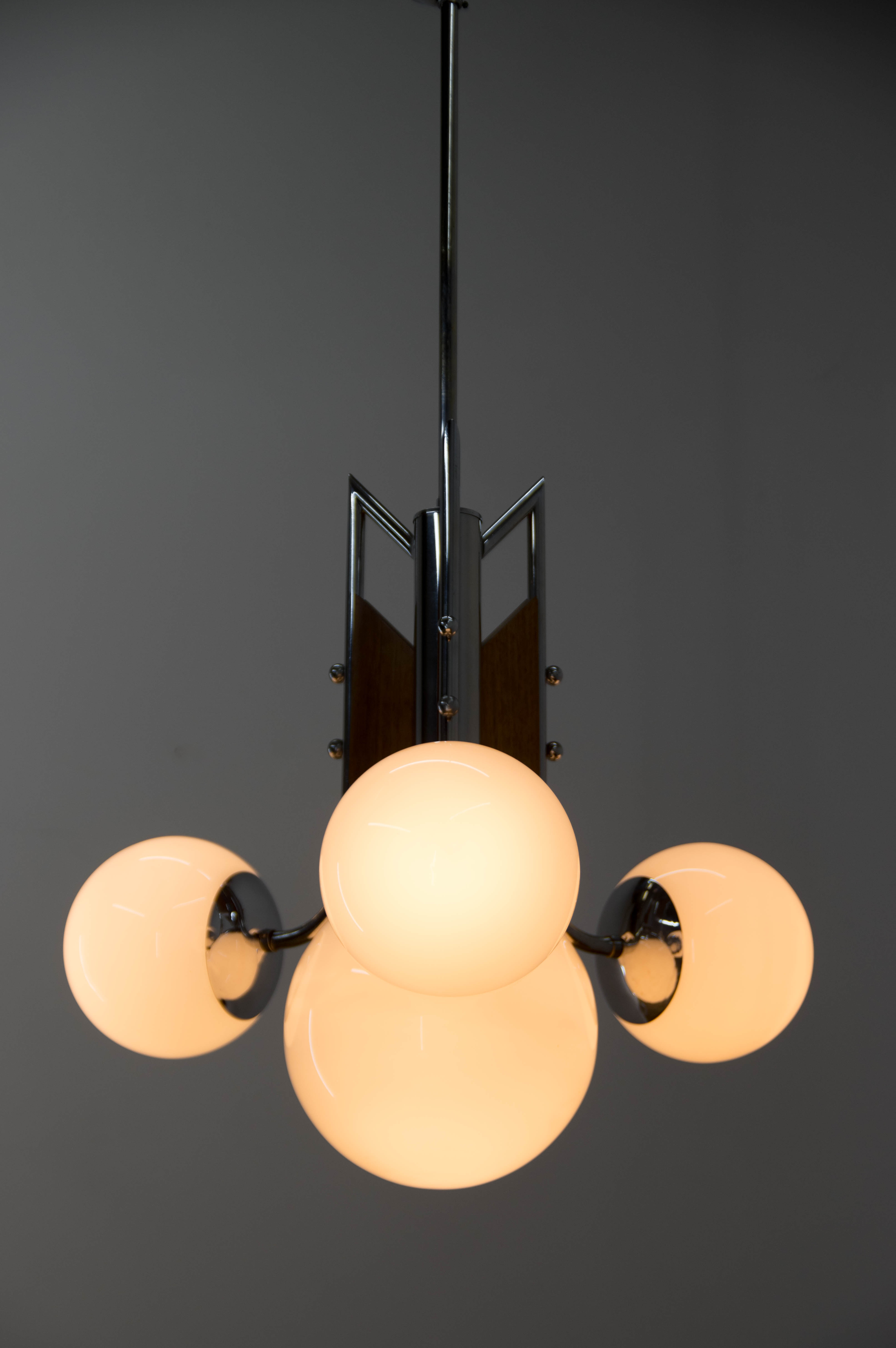 Wood and chrome functionalist chandelier, 1940s