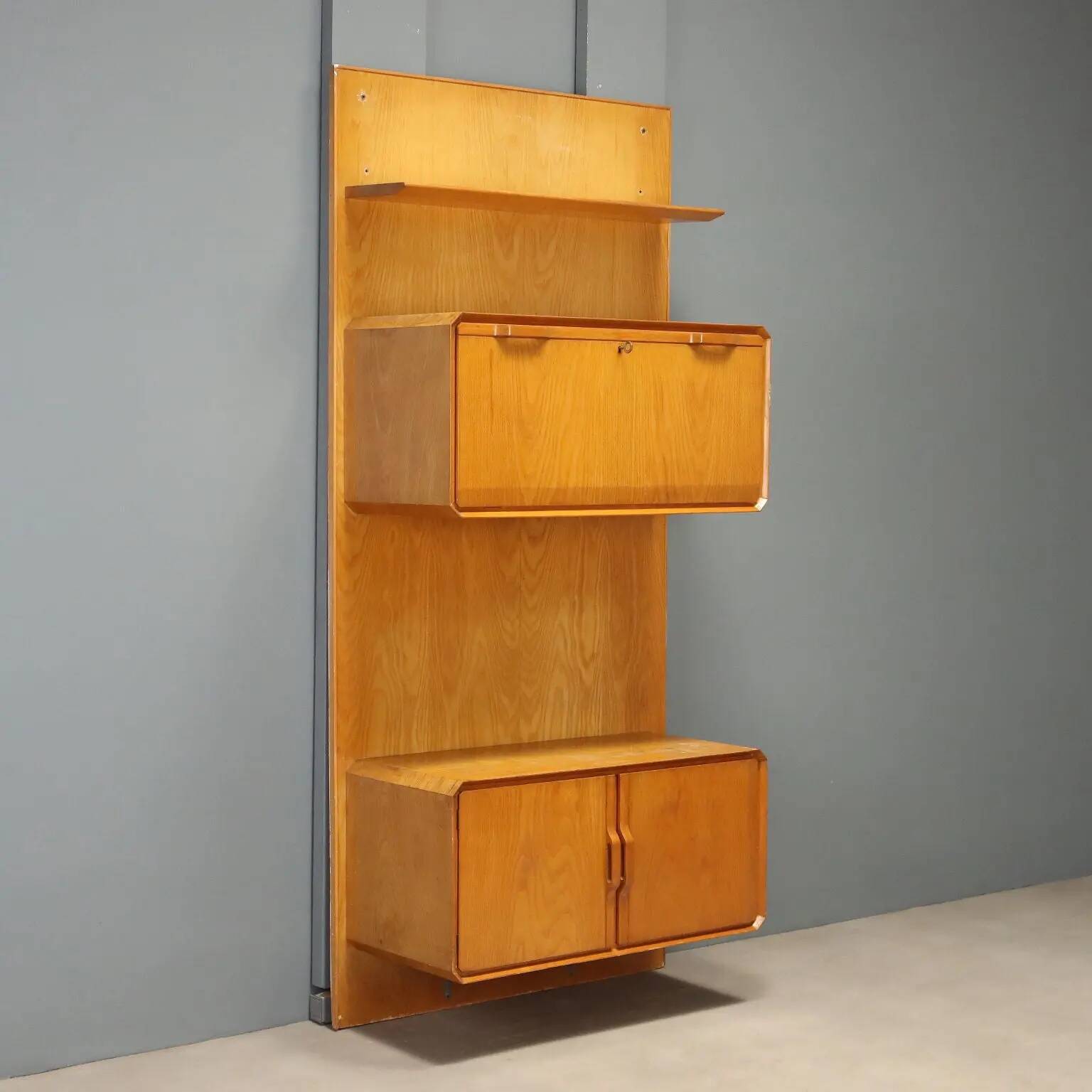 Vintage maple cabinet with drop-down front, Italian design, 1960s.