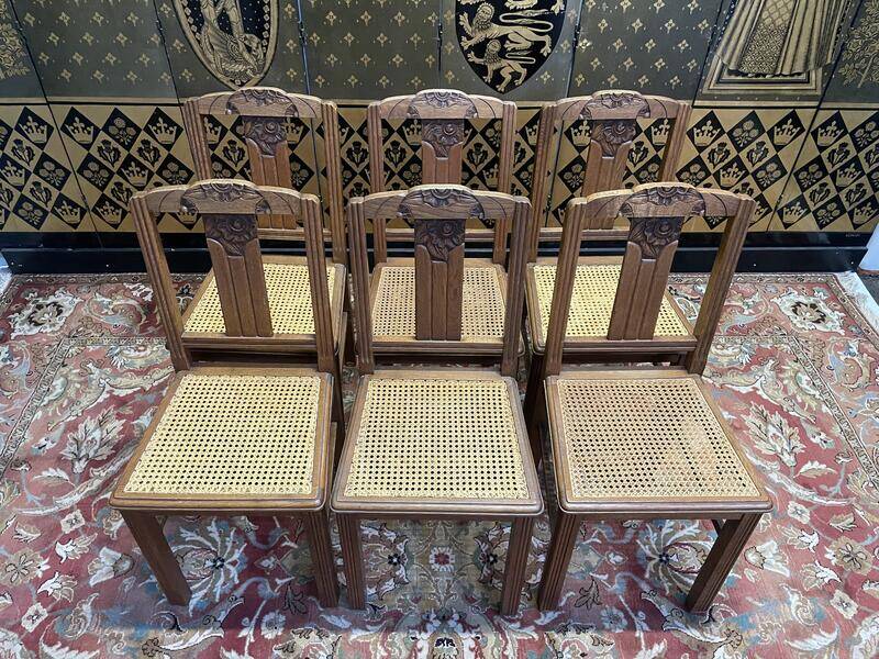 Set of 6 Art Deco chairs in oak and cane - caned