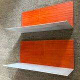 Pair of contemporary wall shelves in steel and stained wood
