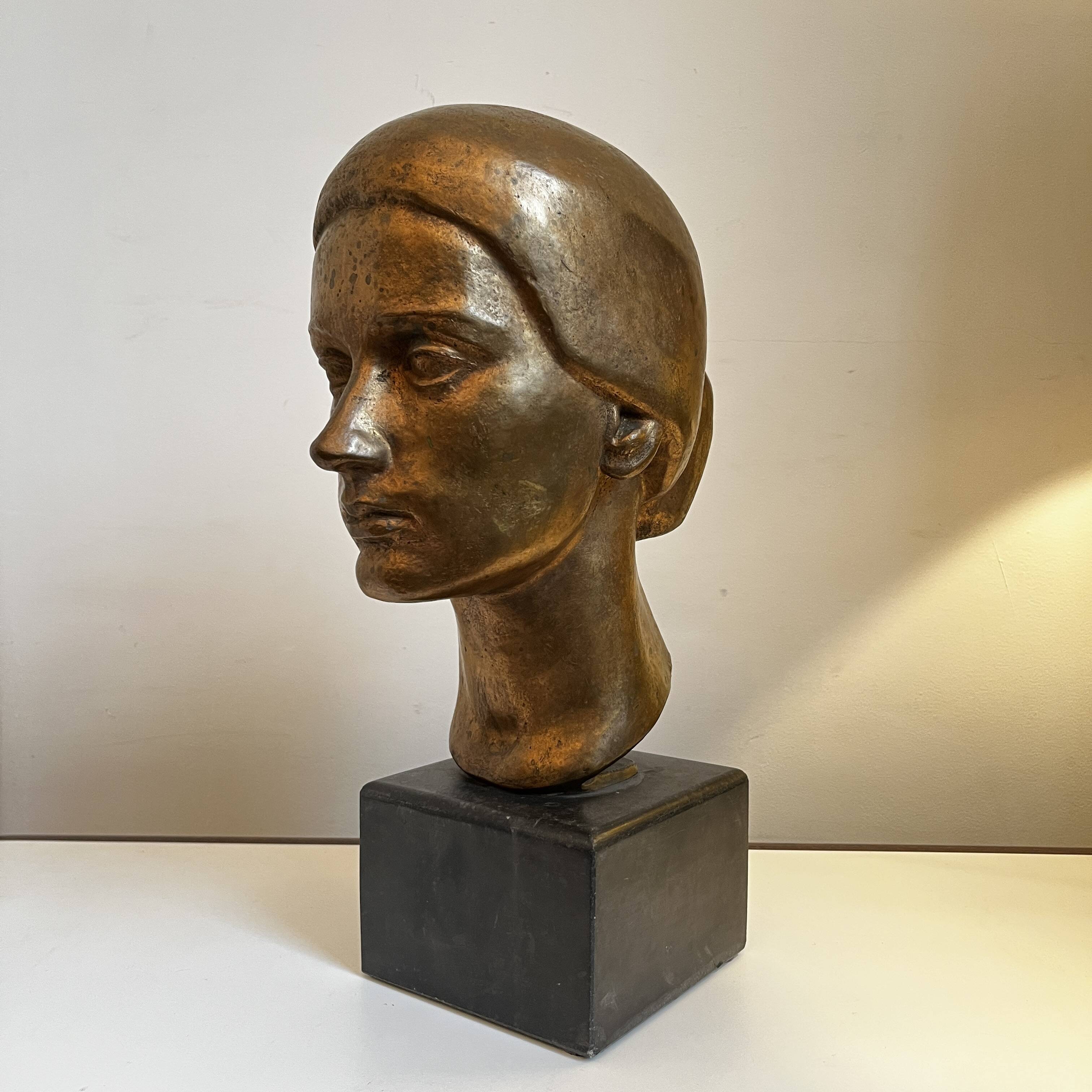Sculpture portrait / bust, 'woman's face', robert delnest, bronze 1961