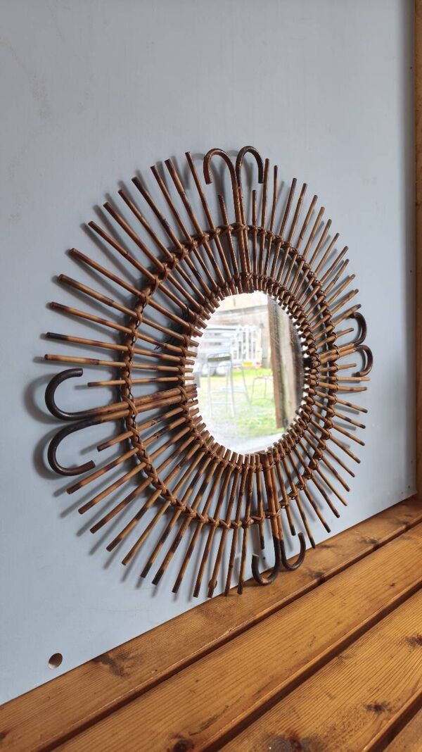 Miroir soleil en rotin et bambou : vintage 1960