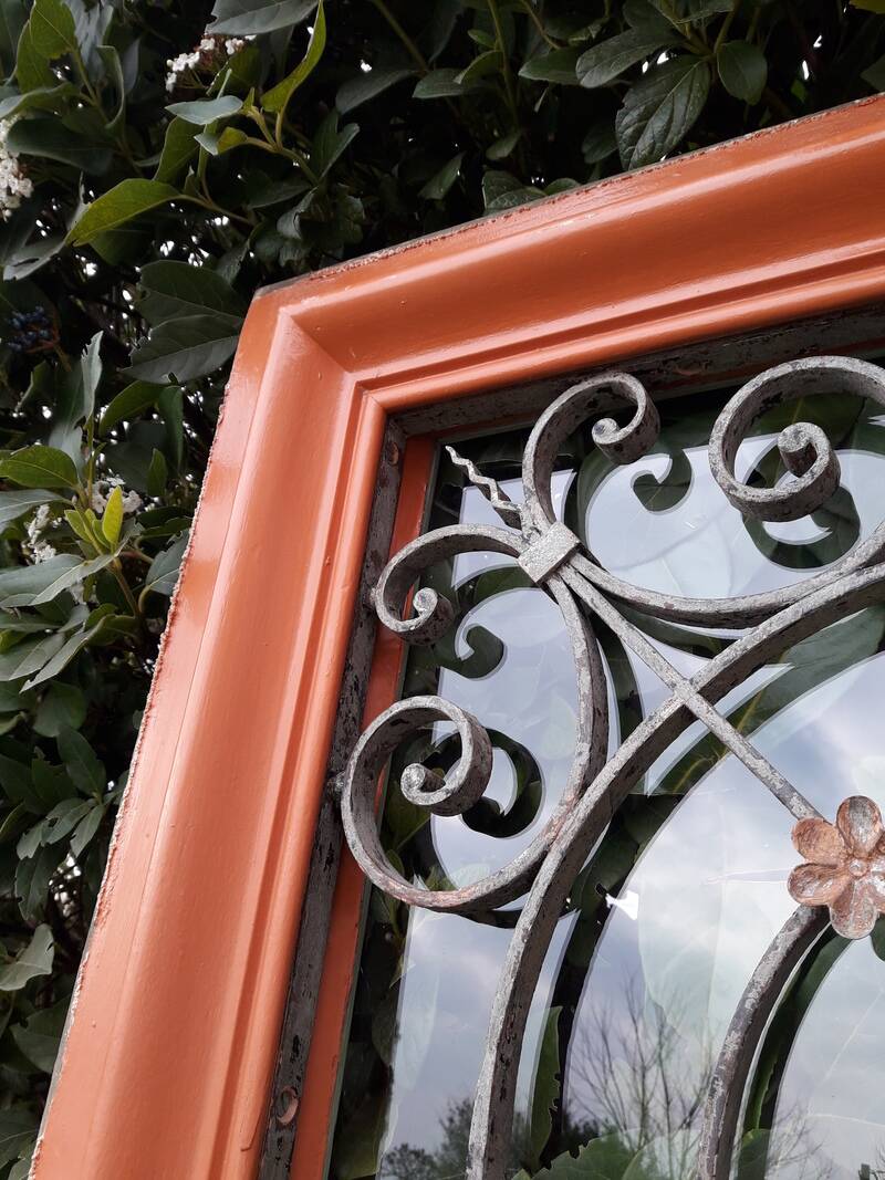 Window frame 179x88cm walnut oak wrought iron grille opening glass panel