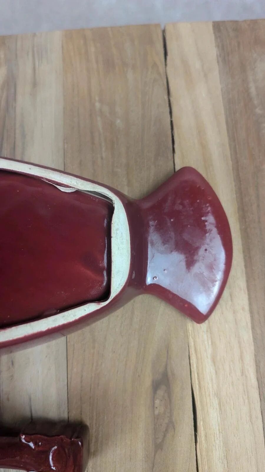 Vintage red ceramic butter dish + matching knife