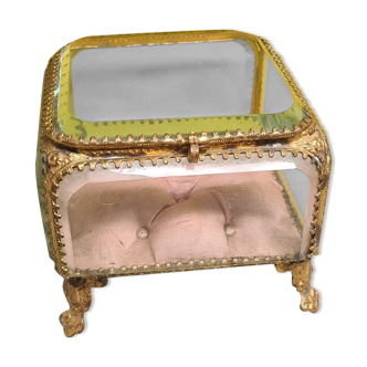 Boîte à bijoux antique française dorée et en cristal, datant d’environ 1900