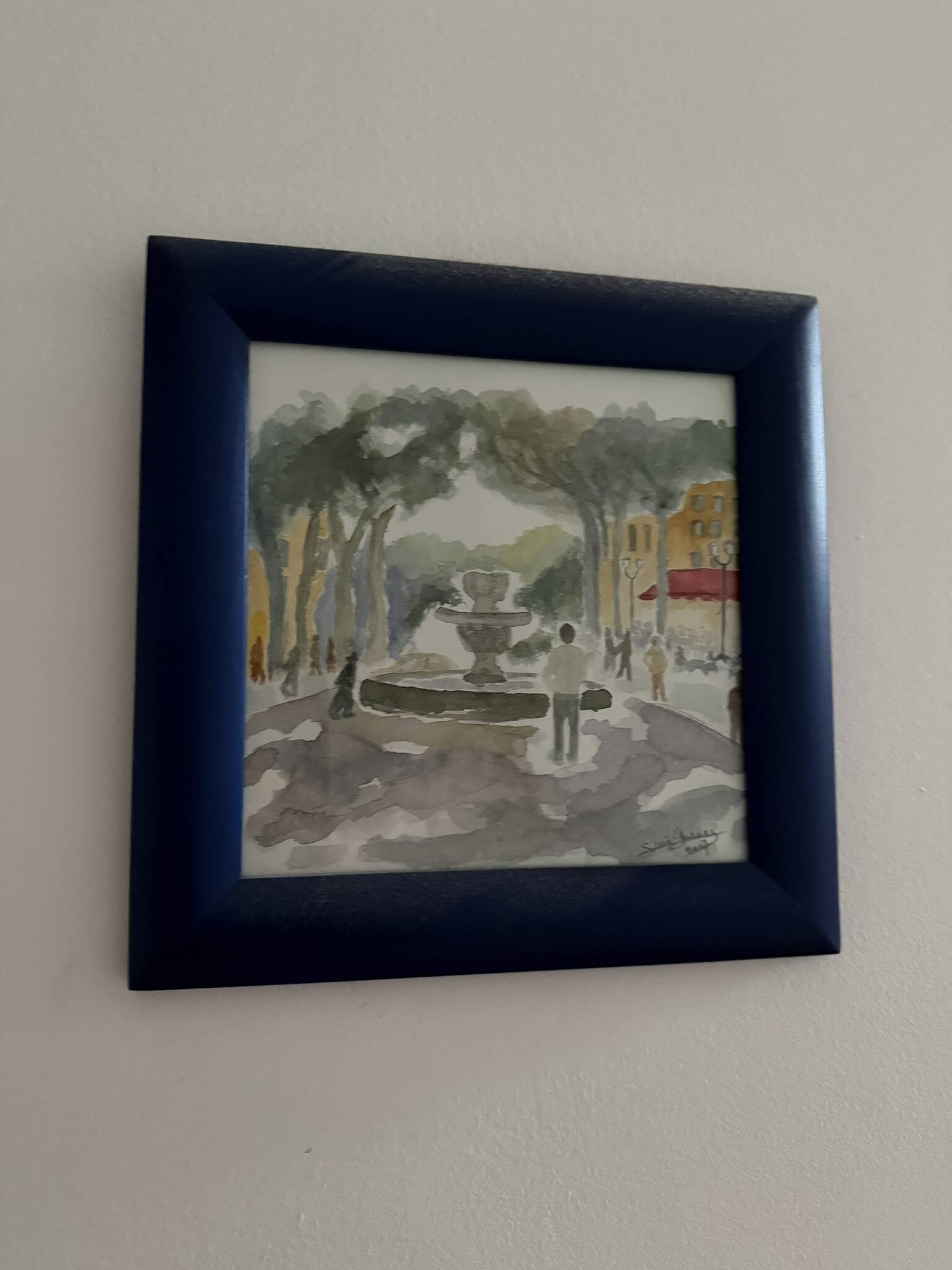 Watercolour signed place with fountain - Mediterranean watercolour 2007