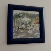 Watercolour signed place with fountain - Mediterranean watercolour 2007