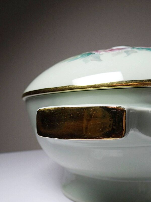 Soupière style art déco décor floral porcelaine céladon vintage Limoges France