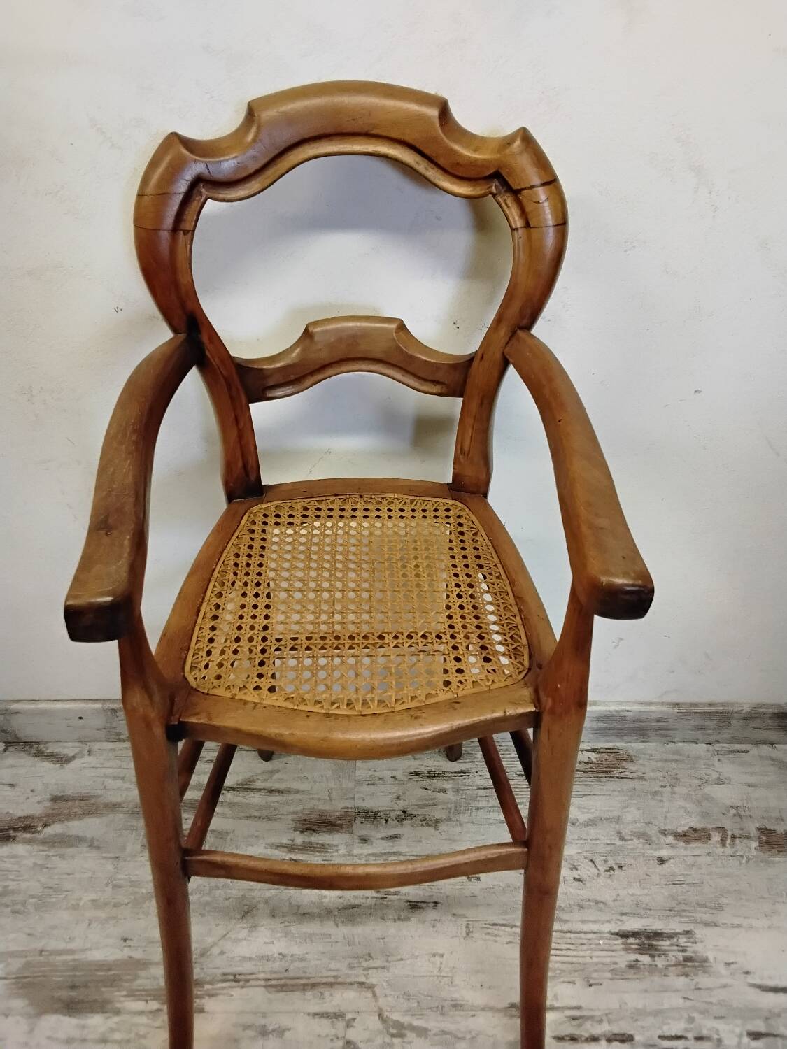 Children's high chair in wood and cane