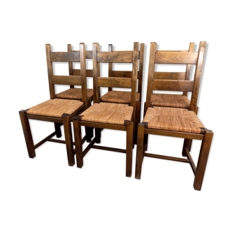 Suite de 6 chaises brutalistes vintage en bois et paille années 70 80