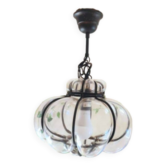 Vintage Venetian cage pendant light in blown Murano glass, 1950/1970