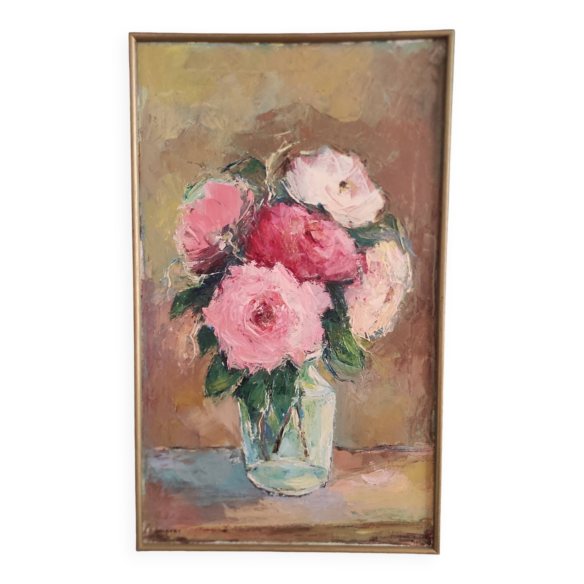 Vintage oil painting of flowers signed Jaobert
