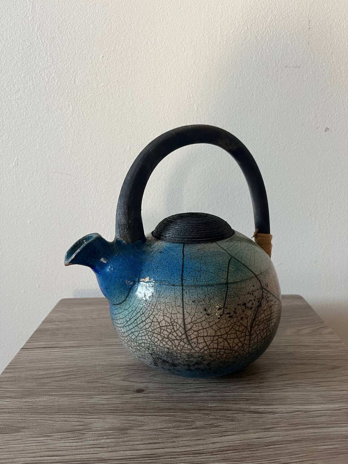 Handcrafted blue raku ceramic teapot – high handle Japanese design