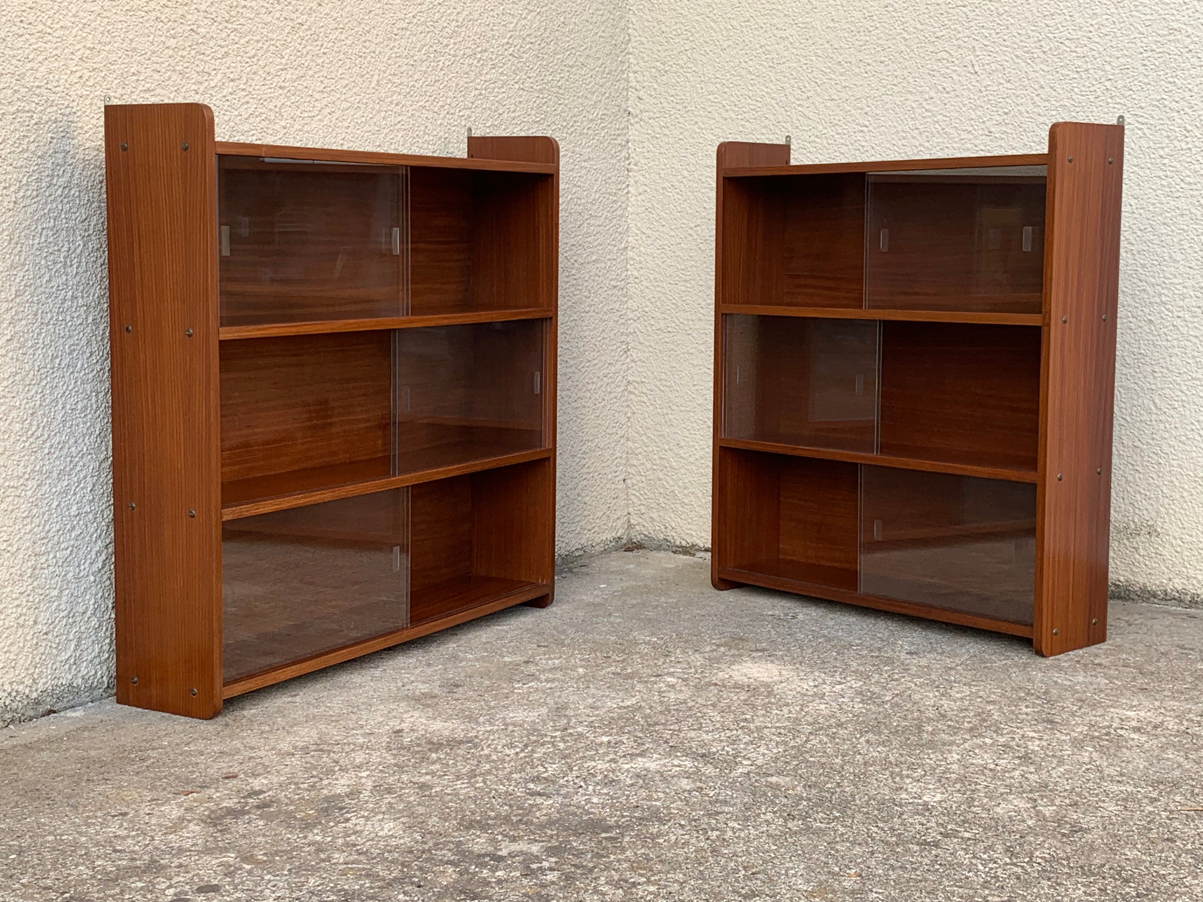 glass wall bookcase in vintage teak 1950