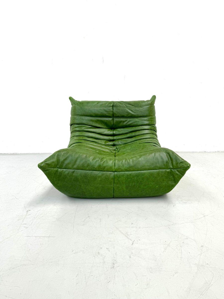 Togo lounge chair in forest green leather attributed to Michel Ducaroy for Ligne Roset