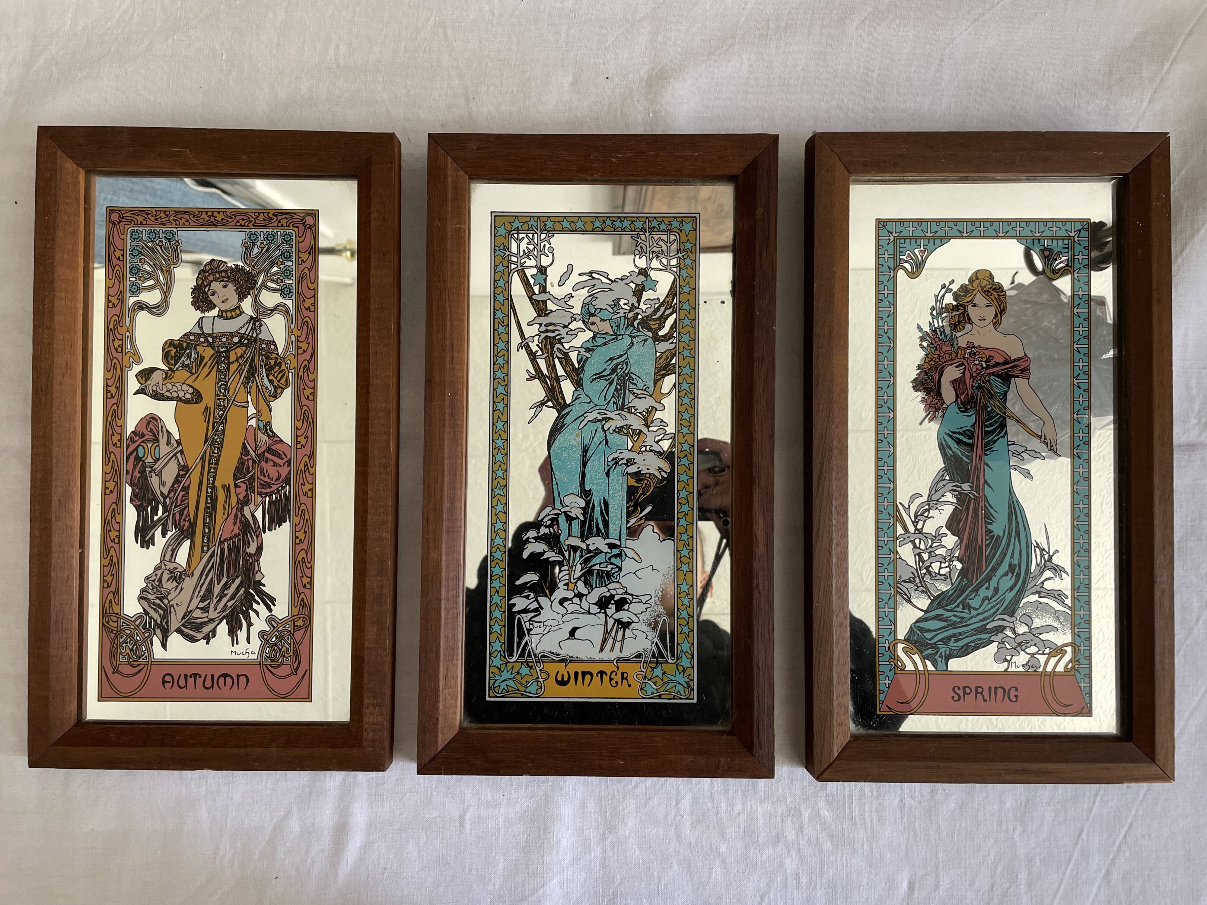 Set of 3 mirrors screen-printed Mucha, the 4 seasons -lack summer-