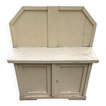 Petit banc vintage jaune en bois peint à la main, rangement bas des années 1920.