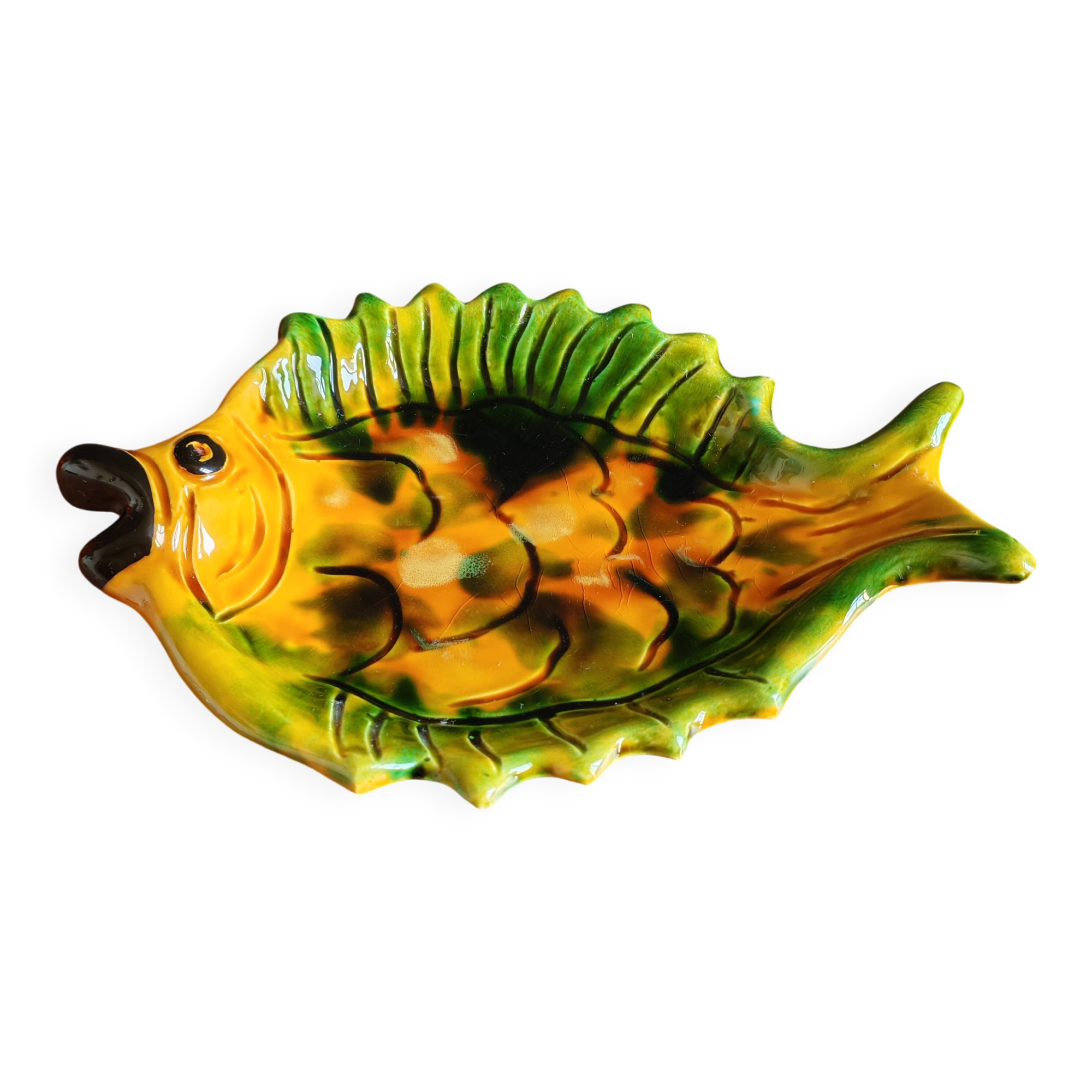 Vintage Fish Plate in Barbotine – Yellow Fish Serving Dish