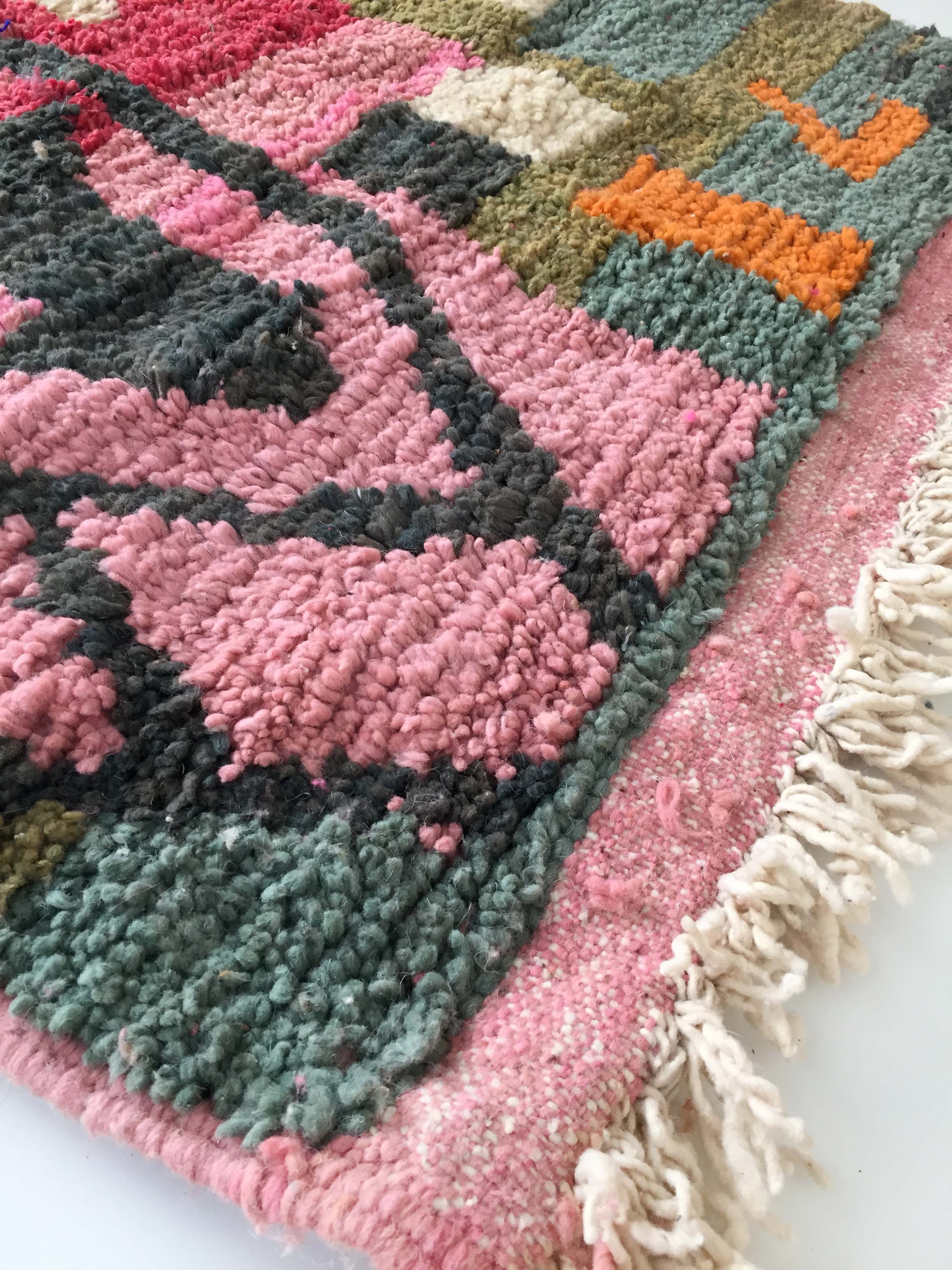 Moroccan Berber carpet Boujaad pink with colorful patterns 153x104cm