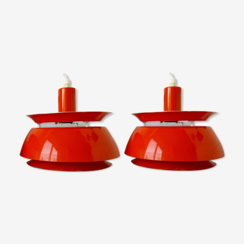 Set of 2 Danish Mid-century vintage Nevada pendant lights, orange, PH style, by Vitrika Denmark