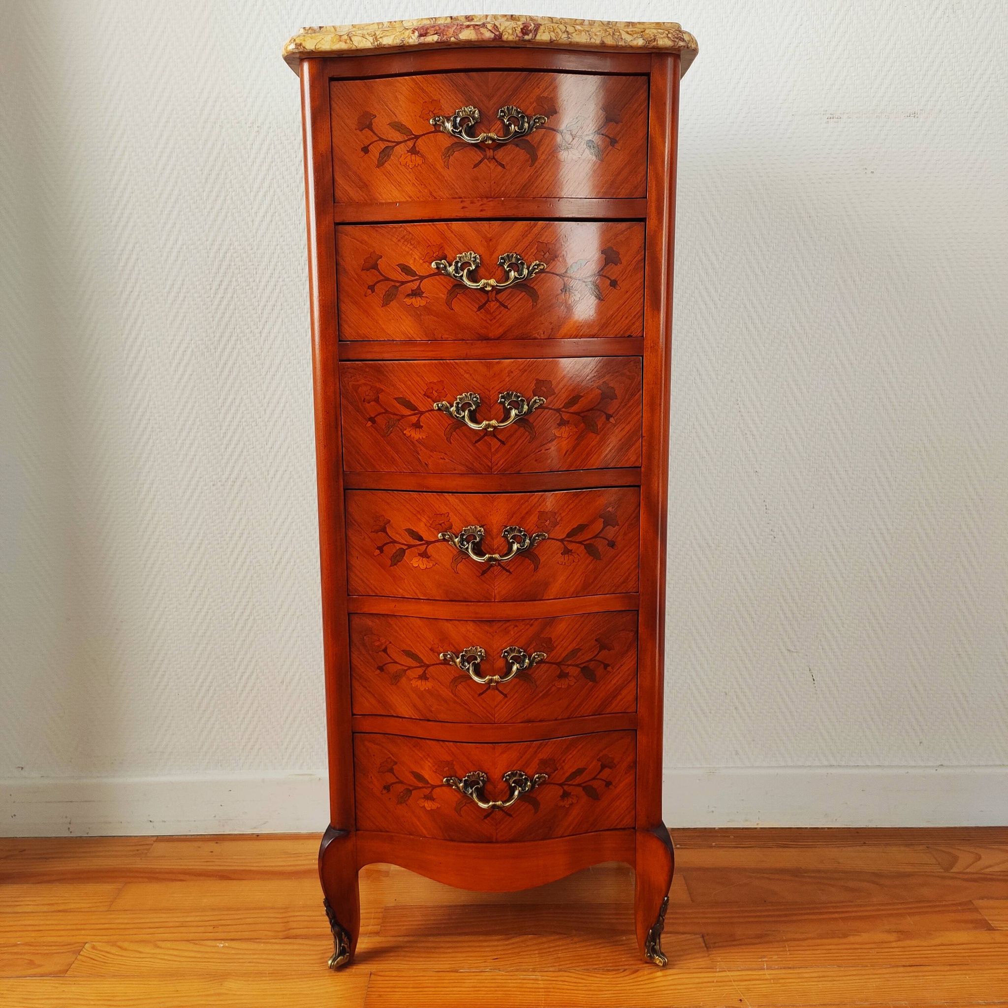 Curved chest of drawers in marquetry – marble top – Louis XV style