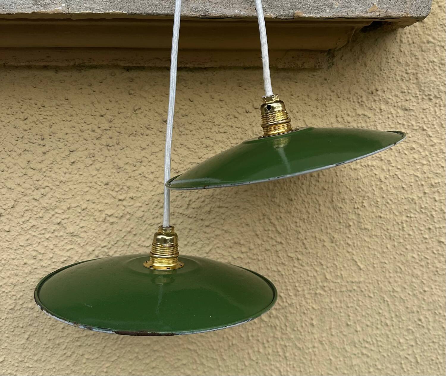 Pair of vintage lampshades, old enamelled sheet metal lampshades
