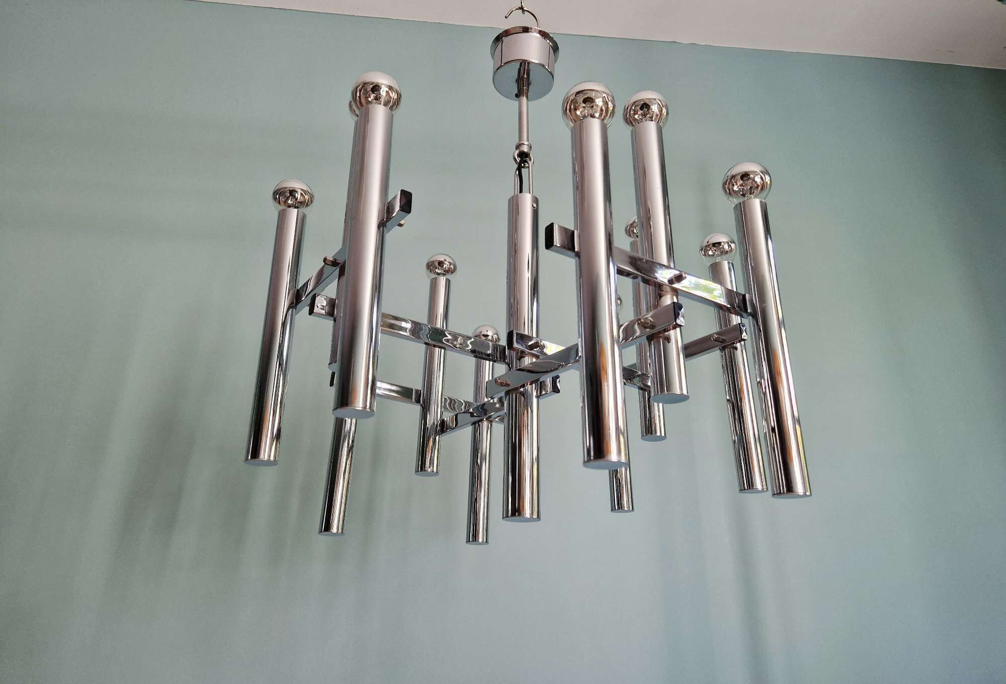 Large geometric chandelier in chromed metal, Massive, 1970
