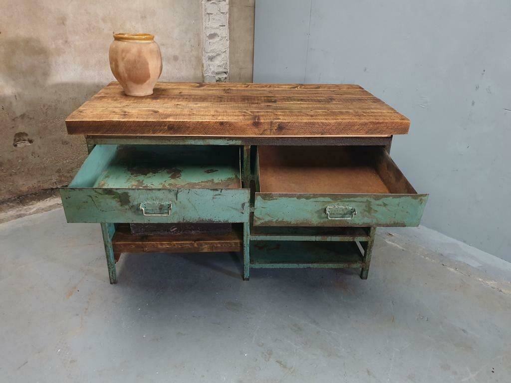 Industrial workbench kitchen island sideboard sea green with drawers