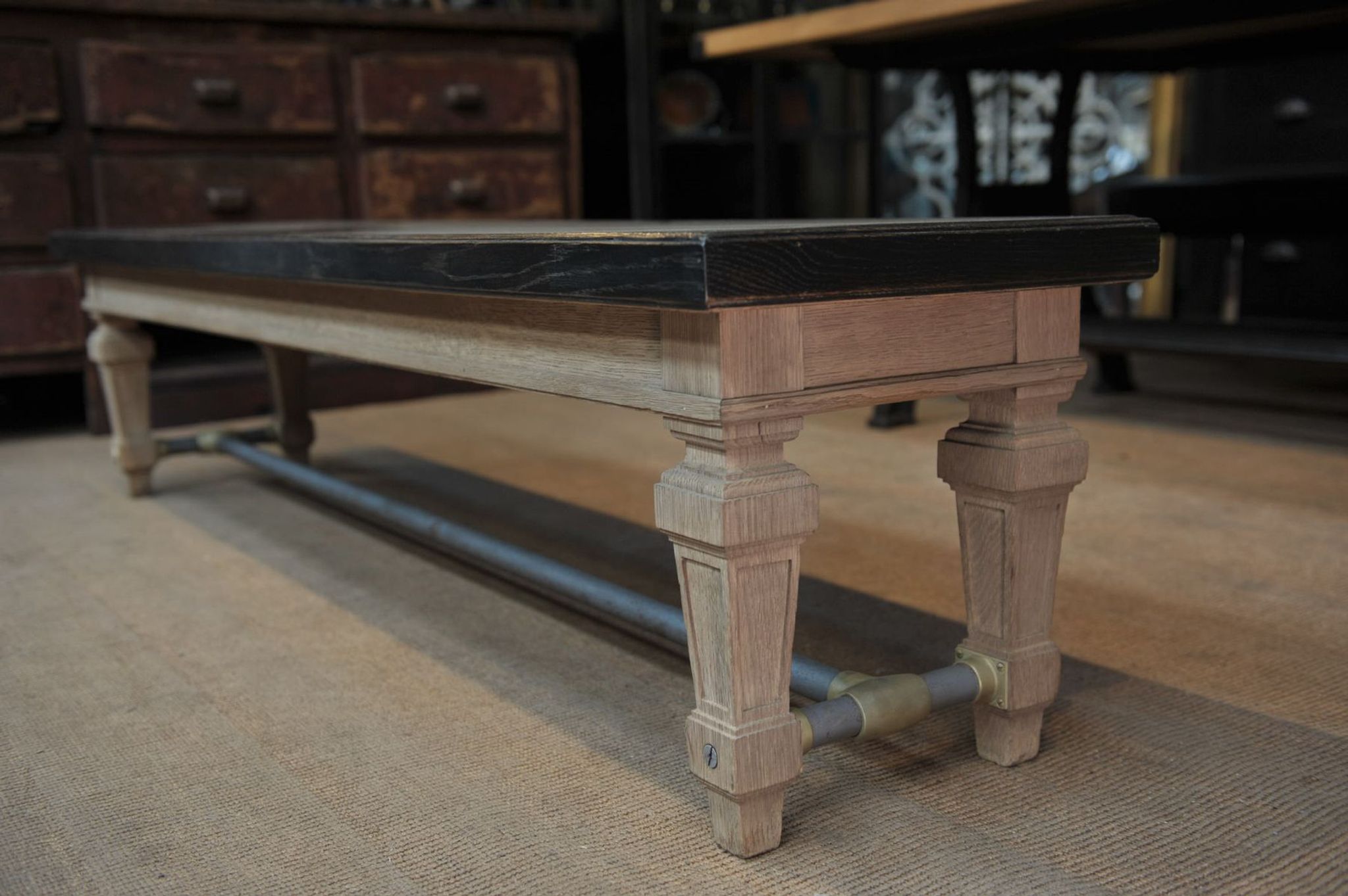 Ancient bench in solid oak and french bank brass