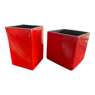 Pair of vintage cube-shaped ceramic plant pots