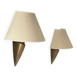 Pair of vintage brass and beige fabric wall lights, France 1970