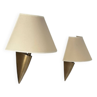 Pair of vintage brass and beige fabric wall lights, France 1970