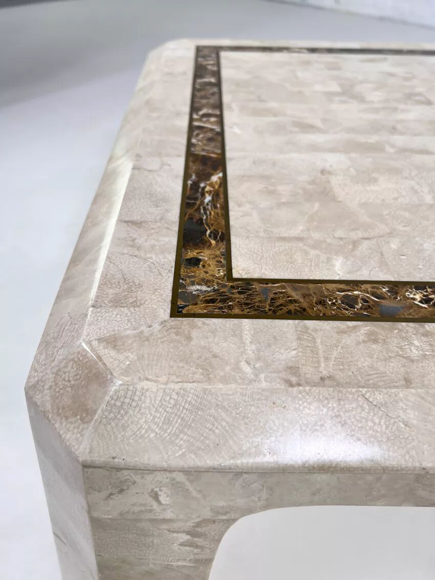 1970s-80s coffee table in stone marquetry and brass.