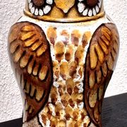 Stoneware water jug, owl decoration, signature to be identified.