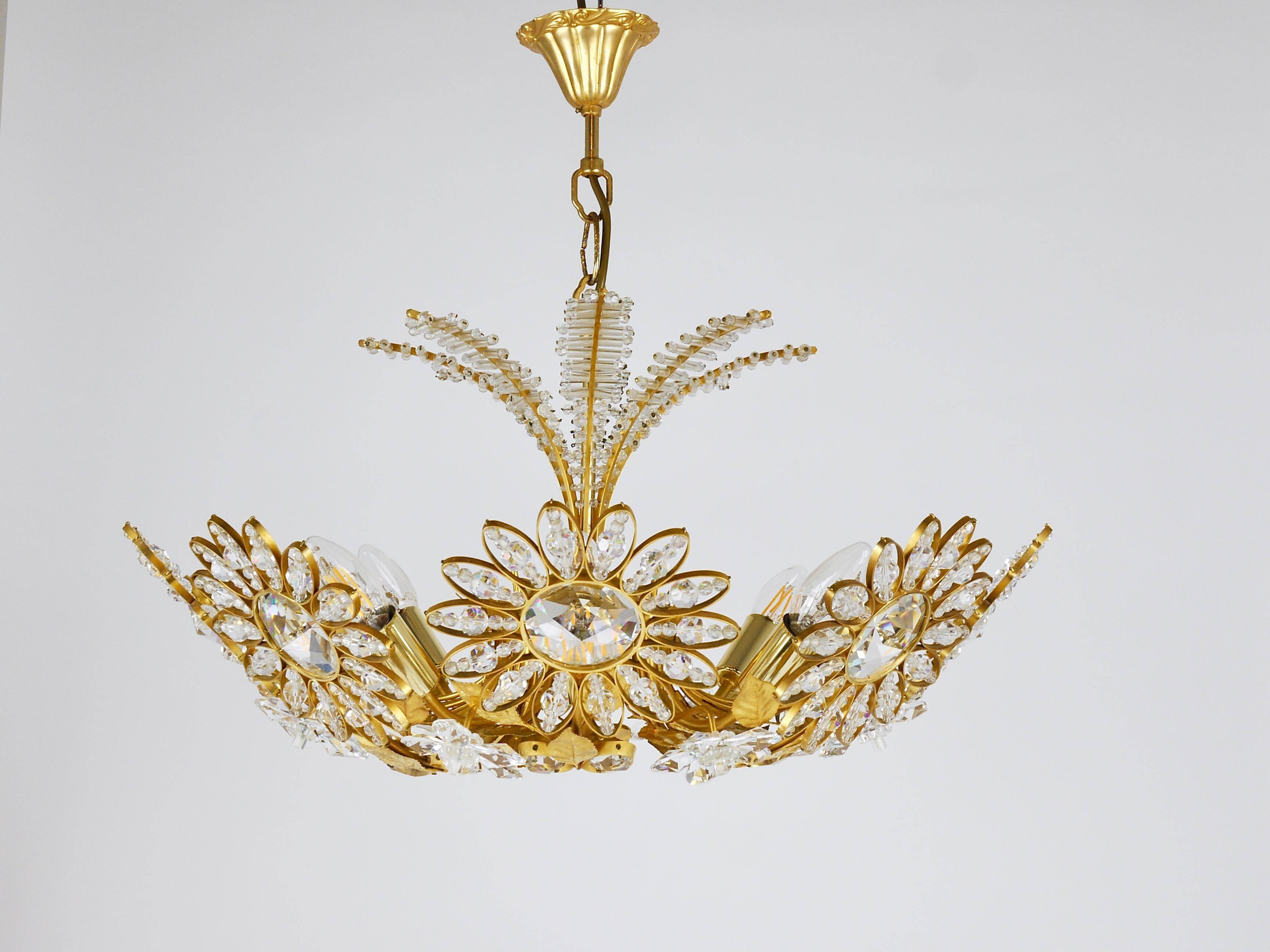Ernst Palme Grand Chandelier Palm Tree Flower Palwa, Gilded Brass, Crystals, 1970s