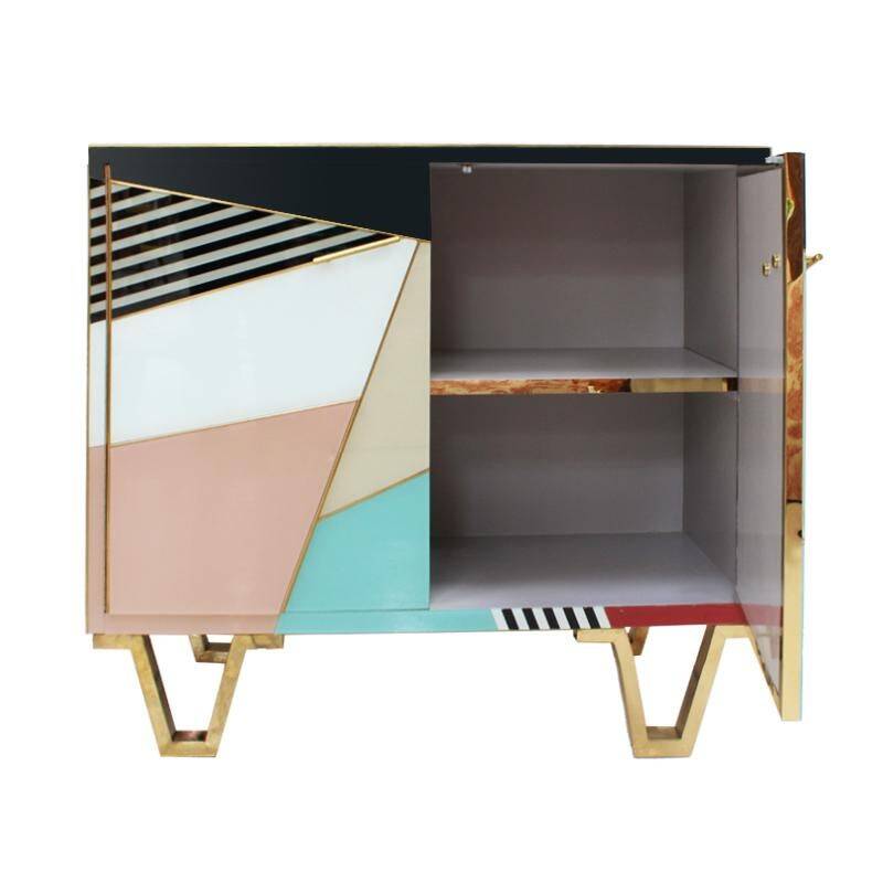 Mid Modern Italian Colored Glass Sideboards with Solid Wood Structure and Brass