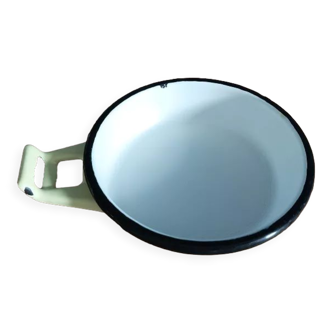 Flat round enamelled metal pale yellow edging black dp 0323156