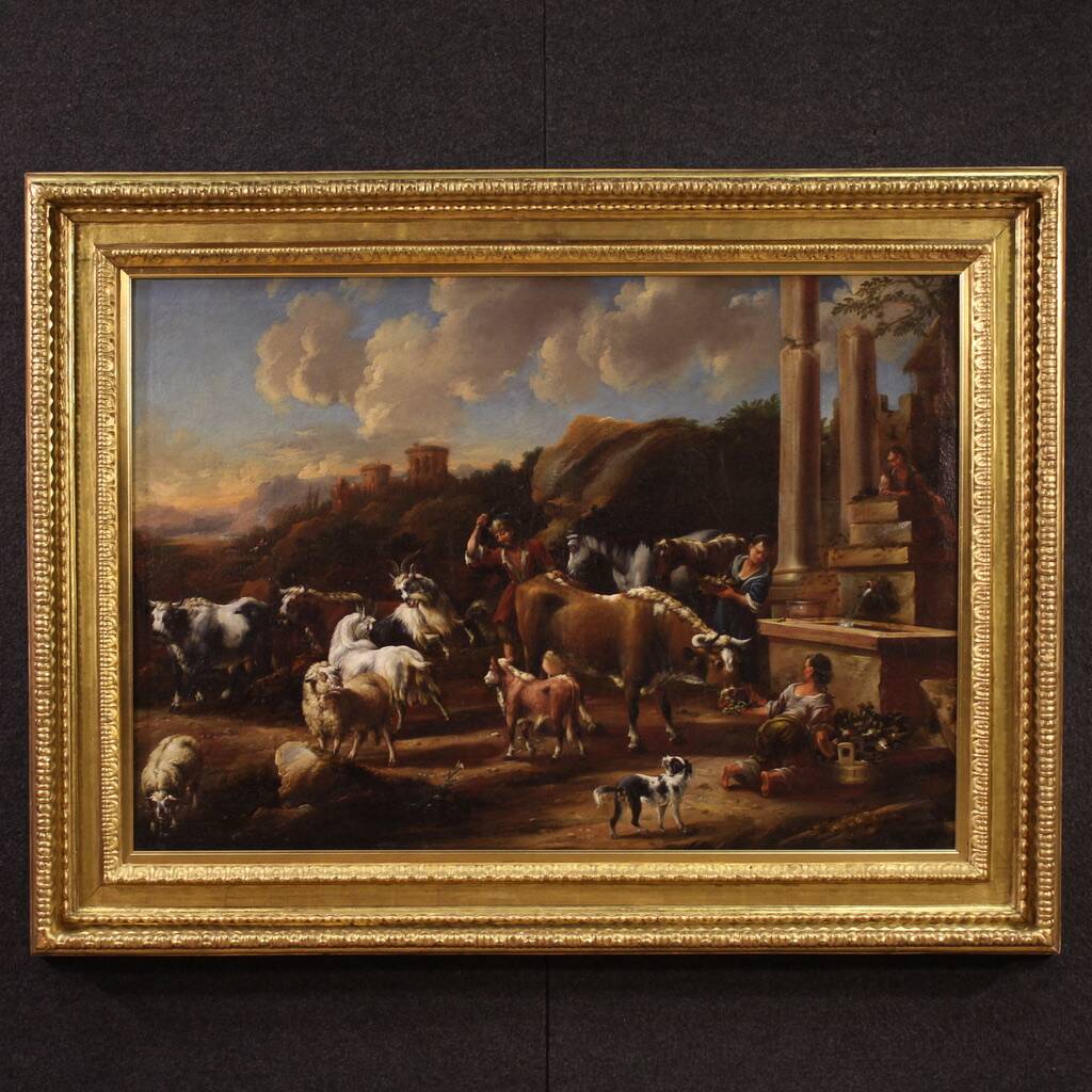 Great 18th century painting, pastoral scene with classical ruins
