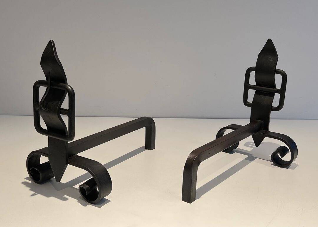 Pair of Wrought Iron Andirons with Obelisk and Belt Motifs