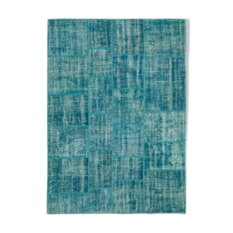 Handwoven turkish contemporary 174 cm x 247 cm turquoise patchwork carpet