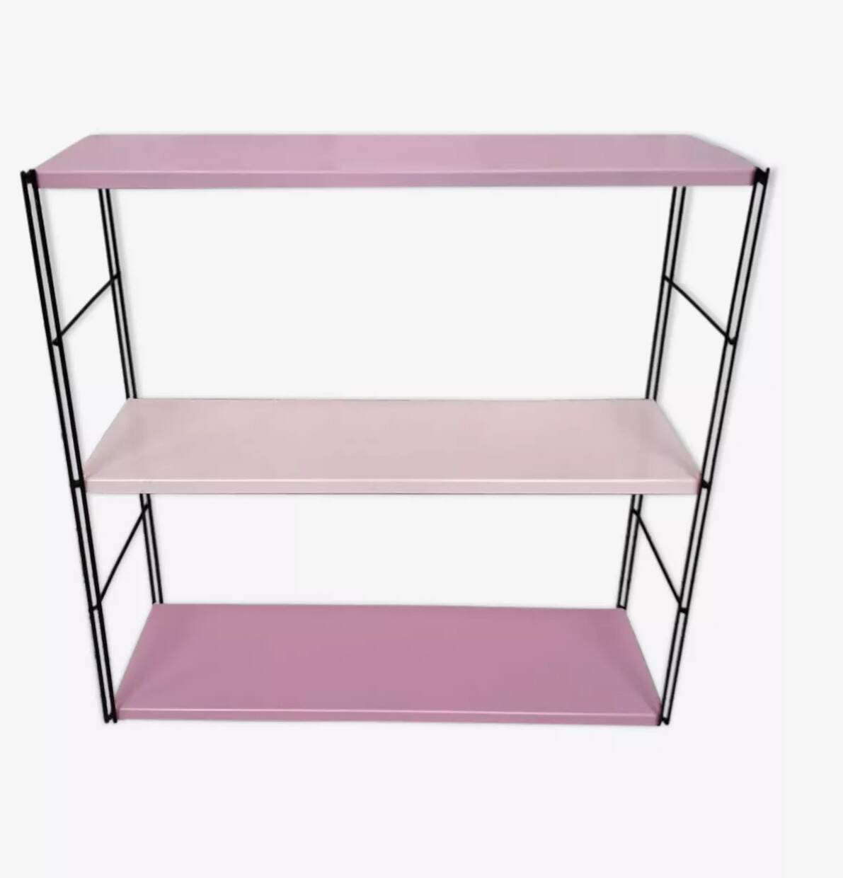 Pink metal string shelf, 2 tones, black uprights. 47x49x16 t1960 70.