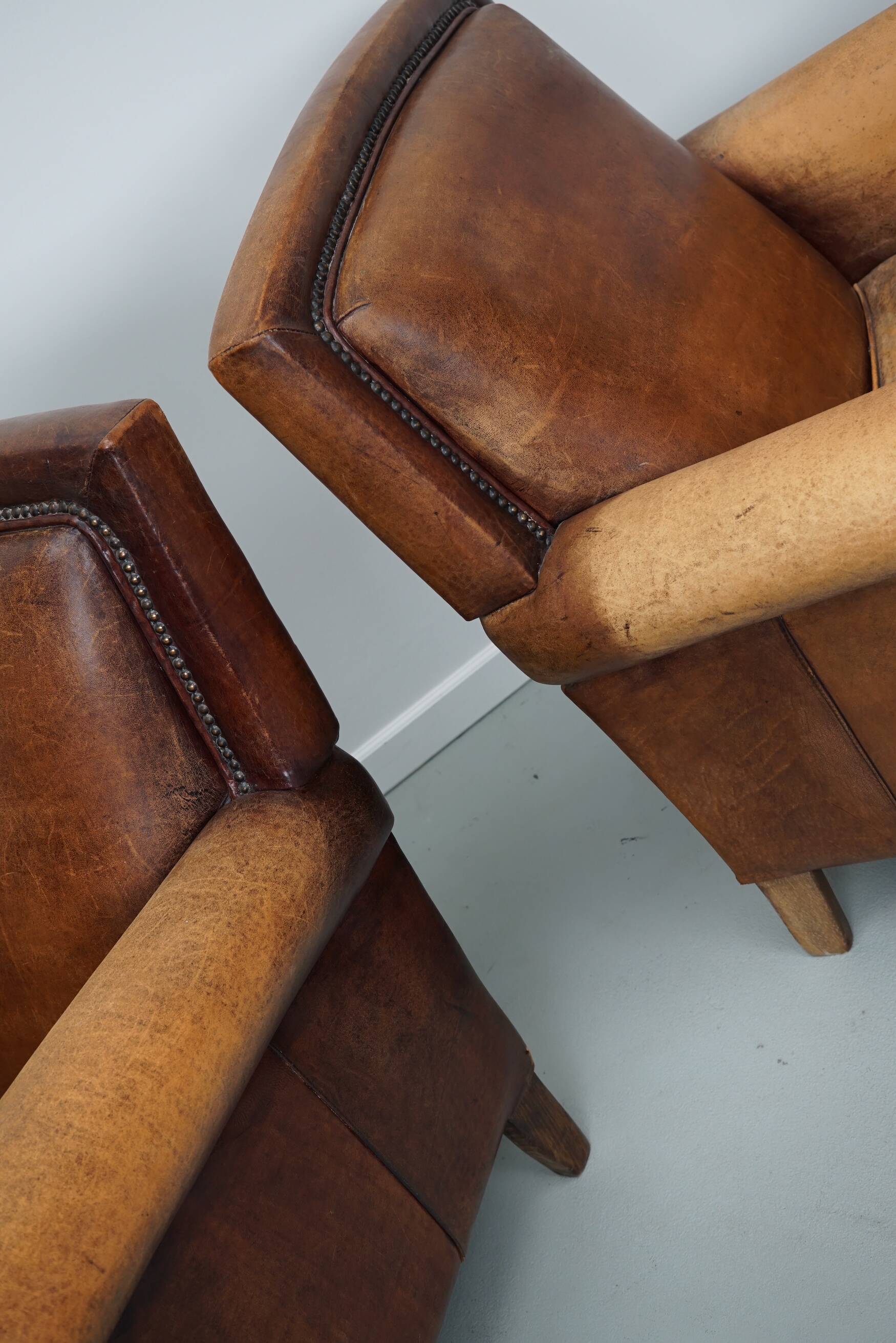 Vintage dutch cognac colored leather club chairs