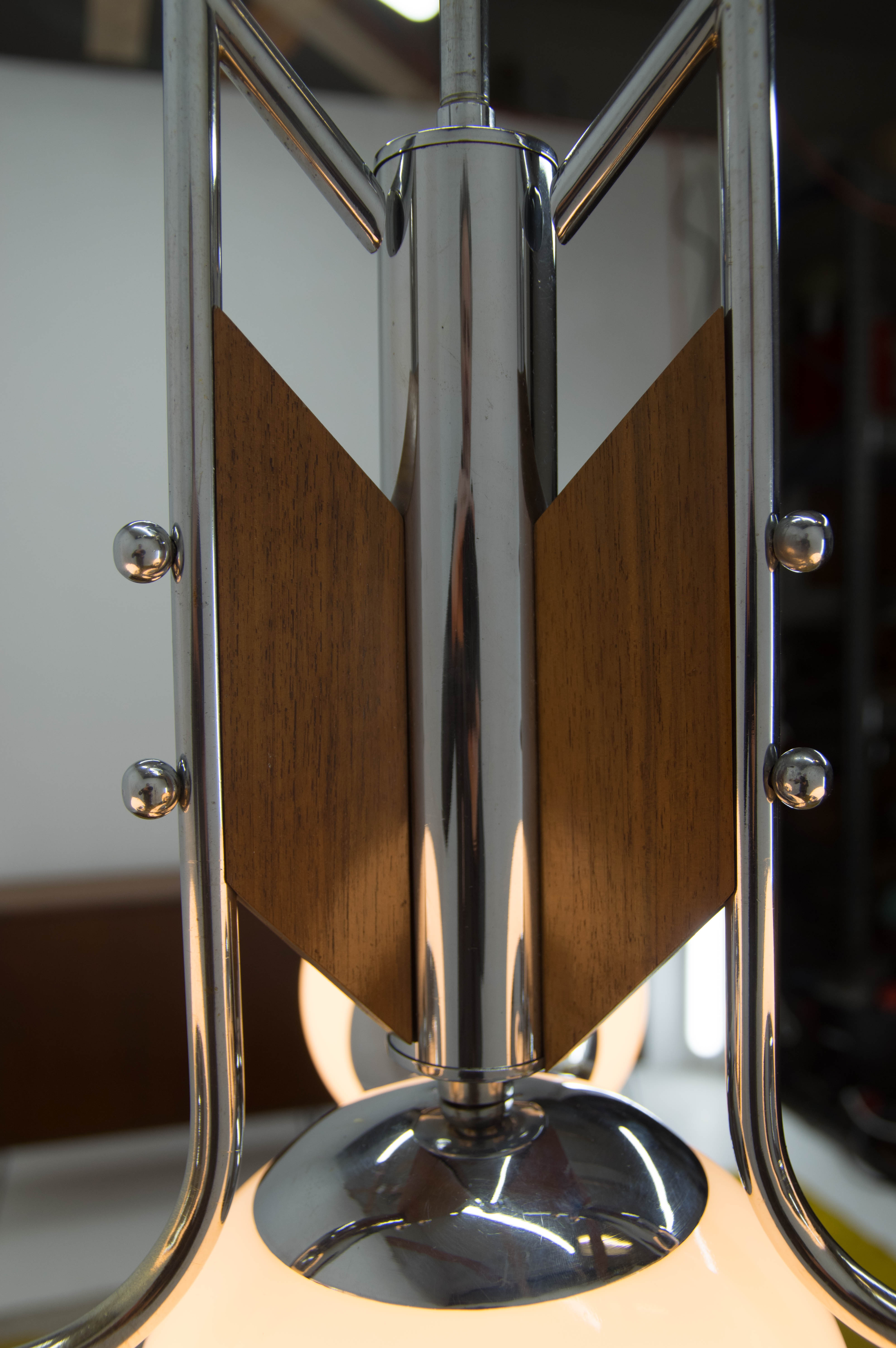 Wood and chrome functionalist chandelier, 1940s