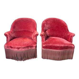 Pair of red velvet toad armchairs