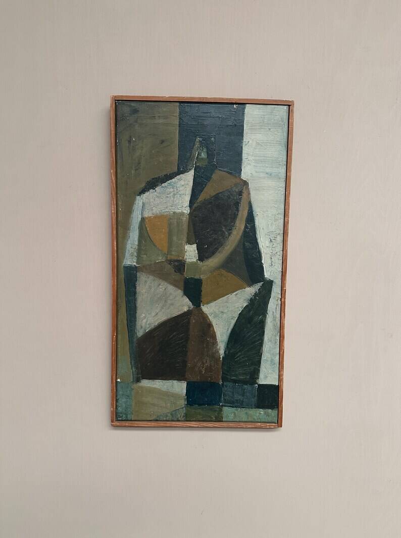 Original Swedish Oil on Canvas – "Abstrakt Komposition" by Hans Fritzdorf (1927–1990) – Vintage and Framed – 71 × 38 cm (28" × 15")