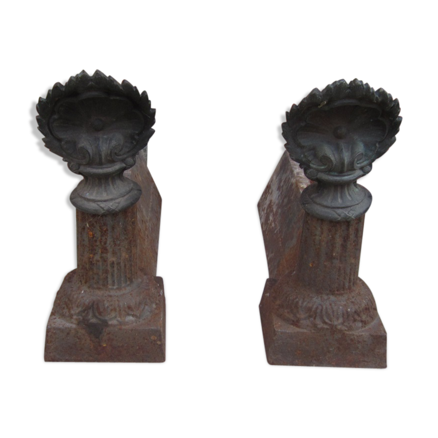 Pair of old cast-iron and bronze chenet