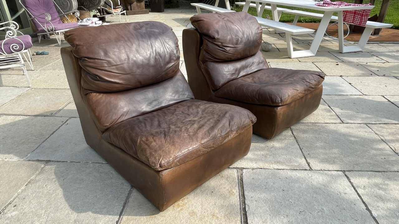 Pair of vintage leather armchairs / fireside chairs / clubs, 1970s